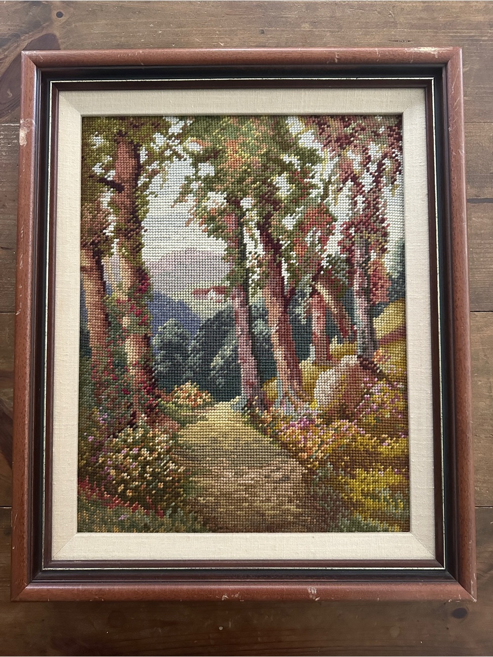 VINTAGE Handcrafted Needlepoint Forest Path Wall Art Brown and Green- 16” x 20”